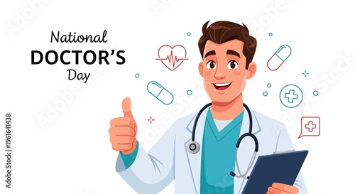 Illustration of a doctor celebrating National Doctor's Day with a thumbs-up gesture, surrounded by medical icons and symbols, conveying appreciation for healthcare professionals.