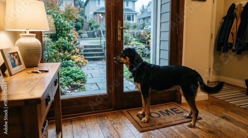 Faithful dog stands patiently at the glass front door on a cozy wooden floor, watching the quiet yard outside and waiting hopefully for a loved one to come home

