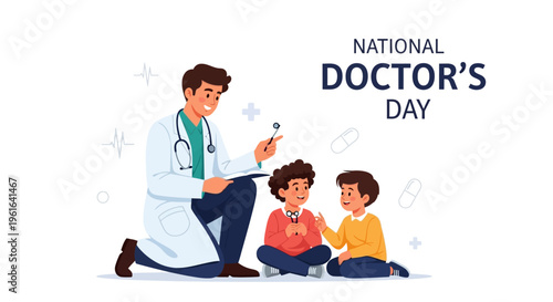 Illustration of a doctor sitting with two children on National Doctor's Day, conveying a healthcare hero concept with colorful and joyful mood.