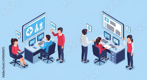 Isometric Illustration of Healthcare Professionals Analyzing Medical Data on Computers.
