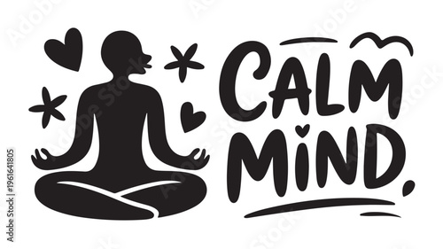 Meditating Person Calm Mind Yoga Silhouette With Hearts And Flowers For Wellness Concepts