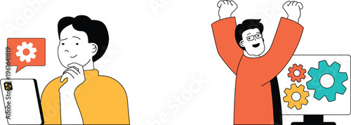 Two individuals express contrasting reactions to technology troubles and successful solutions involving gear icons and computers