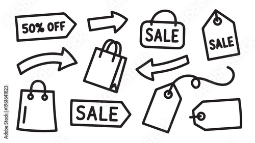 Shopping bags and sale tags with discount arrows for retail marketing and advertising concepts