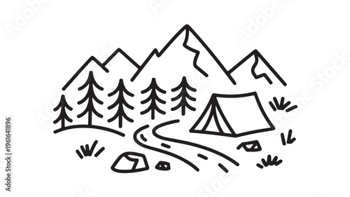 Camping Tent In Mountains With Trees And Winding Road For Travel And Adventure Concepts