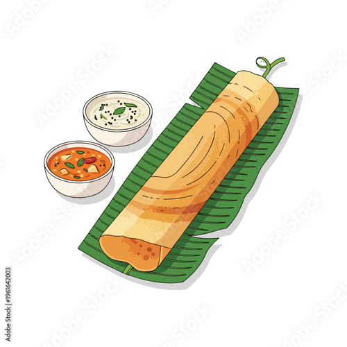 South Indian Masala Dosa with Chutney and Sambar Vector Illustration