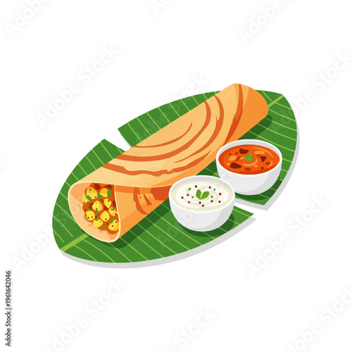 South Indian Masala Dosa with Chutney and Sambar Vector Illustration