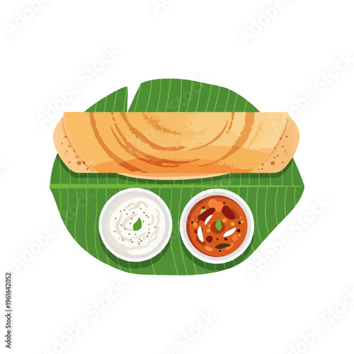South Indian Masala Dosa with Chutney and Sambar Vector Illustration