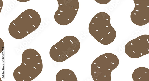 Whimsical brown cartoon potato root vegetable pattern seamlessly arranged on a clean white backdrop a versatile graphic design asset for various
