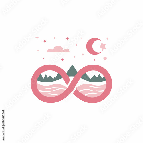 Abstract infinity symbol with mountain and night sky illustration