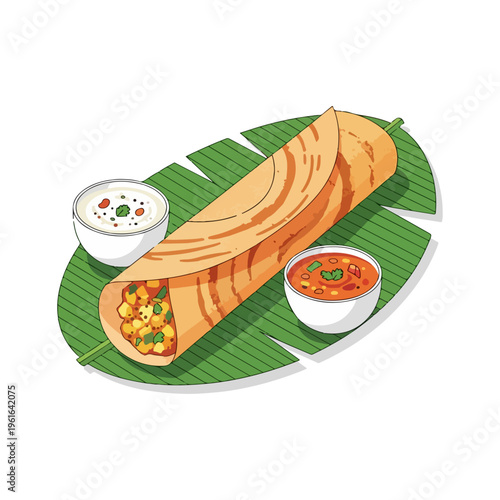 South Indian Masala Dosa with Chutney and Sambar Vector Illustration