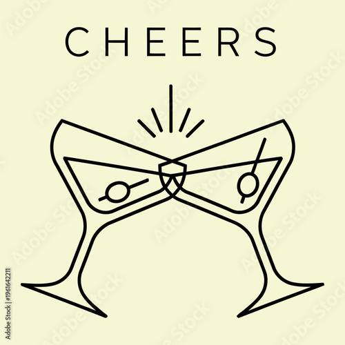 Minimal line of two champagne glasses clinking with cheers text line minimal champagne glasses celebration