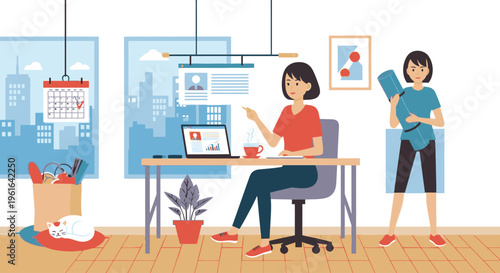 Illustration of two women working together in an office with a desk, laptop, calendar, and plants in a modern, minimalist setting with a professional and productive mood.