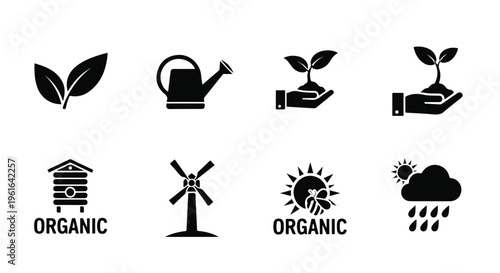 Eco friendly icons, organic farming symbols, sustainable agriculture, green energy