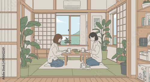 Two people sitting on a tatami mat in a traditional Japanese room with shoji screens and plants, engaged in a tea ceremony.