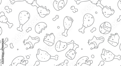 Repetitive cartoon chicken pieces and gnawed bones on a clean white background forming a playful culinary illustration for design projects