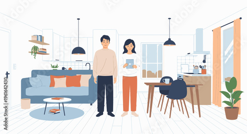 Illustration of a man and woman standing in a modern living room with a dining area and kitchen in the background with a clean and minimalist aesthetic.