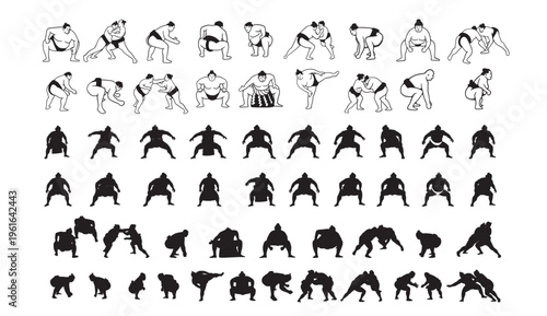 A collection of various sumo wrestling poses and silhouettes on a white background