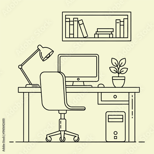 Wallpaper Mural Minimal line office workspace with computer and plant desk chair Torontodigital.ca