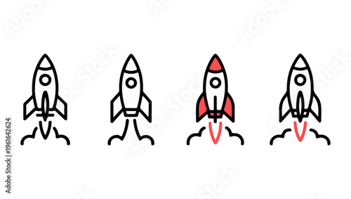 Four rocket ship icons depicting stages of launch and flight