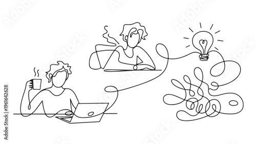 Two Businesspeople Working On Laptops With Lightbulb Idea On White Background For Creative Concepts