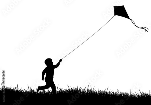 Silhouette vector illustration of a happy young child running joyfully while flying a traditional diamond kite against a bright, open sky background graphic.