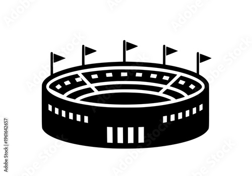 Stadium vector graphic illustration with flags, depicting a sports arena for competitive events and entertainment. Minimalist architectural design for athletic championships, concerts, or large public