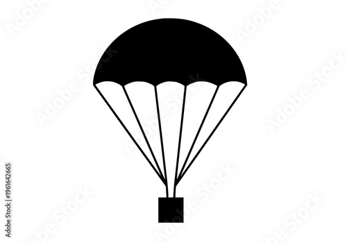 Minimalist black and white vector graphic illustration of a simple parachute descending with a small square cargo container attached below.