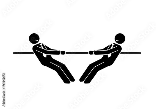 Vector Graphic Illustration Depicting Two Businessmen Figures Engaged In Intense Tug Of War Competition Representing Conflict And Rivalry