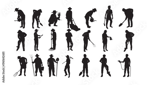 A collection of black silhouettes of people working with various gardening tools on a white background