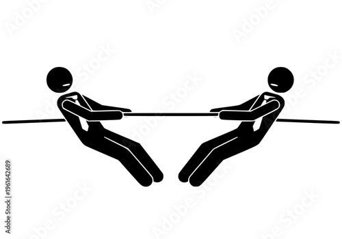 Tug of war vector illustration graphic showing two business stick figures engaged in intense competition and rivalry symbolizing corporate struggle.