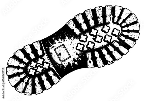 Boot Sole Print Grunge Vector Illustration Graphic Design Concept Showcasing Distressed Texture and Detailed Rubber Tread Pattern Suitable for Footwear, Adventure, or Journey Related Commercial Projec