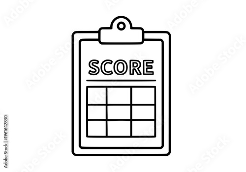 Simple black and white line art vector illustration of a clipboard icon displaying a grid labeled SCORE for evaluation, grading, or performance review documentation.
