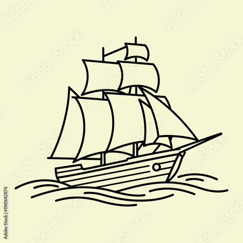 Wallpaper Mural Minimal line sailing ship on water line minimal black lines pale yellow background waves boat Torontodigital.ca