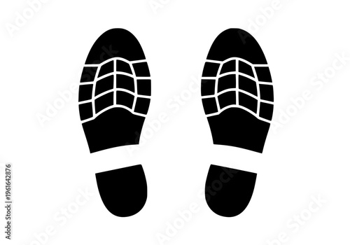 Footprints vector graphic illustration depicting a pair of black shoe sole imprints with distinct tread design. Clean simple human steps concept for guidance, security, and pathfinding designs.