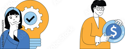 A person pondering while another showcases a money symbol with a glowing lightbulb and gear icon nearby
