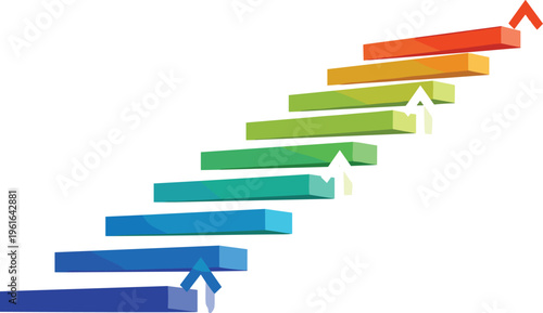 Colorful business growth arrow steps vector illustration showing upward progress, success and financial development concept with gradient bars isolated on white background