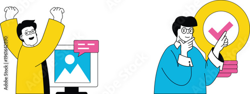 Two individuals celebrating successful collaboration and approval of a presentation with a bright and positive outlook