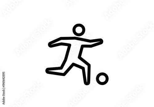 Minimalist black line art vector graphic illustration depicting a stylized stick figure athlete kicking a soccer ball icon design element on white background.