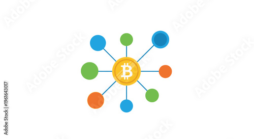 Abstract visual representation of bitcoin cryptocurrency network, connecting various nodes, using a simple flat design style on a white seamless background, suggesting decentralized finance.