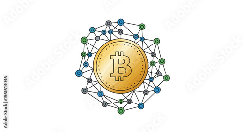 Conceptual representation of Bitcoin cryptocurrency within a network of connected nodes, depicting digital currency circulation and blockchain technology, set against a crisp white backgroun