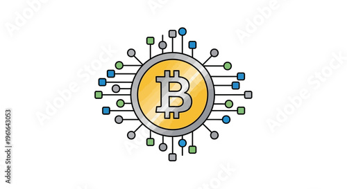 A stylized, vector-based representation of the Bitcoin cryptocurrency symbol, rendered with a clean, geometric design within a network of connected nodes signifying digital currency and bloc