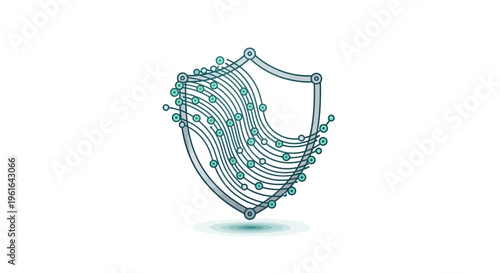 Abstract digital cyber security shield with interconnected circuits flowing through it, symbolizing secure data protection, privacy, and technology in a modern flat design concept against a 