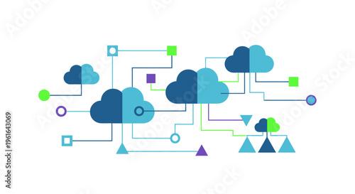 Abstract digital graphic featuring stylized cloud computing elements with interconnected nodes and lines, representing networked data transfer, modern technology and business solutions.