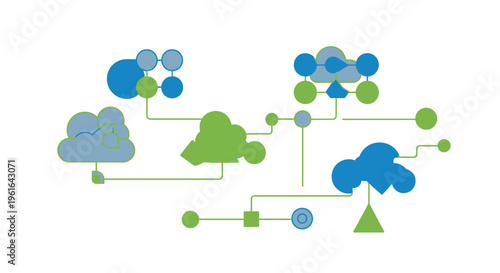 Abstract digital cloud computing network representation with various interconnected elements featuring blue, green, and gray connected shapes, depicting data flow and technology.