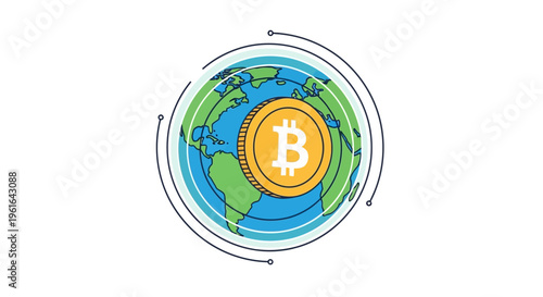 Global financial transformation concept Vector graphic depicting a Bitcoin symbol superimposed on a stylized world map, representing international digital currency and blockchain technology 
