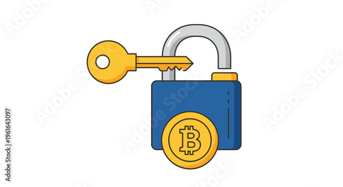 Minimalist vector graphic of unlocked padlock with key and Bitcoin coin. Modern digital cryptocurrency security concept, safeguarding finance, and online transactions, isolated on white back
