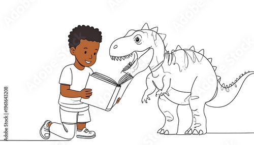 A young boy kneels reading a book to a friendly, cartoon-style Tyrannosaurus Rex