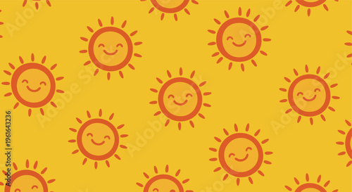 Cheerful cartoon suns forming a vibrant seamless pattern on a yellow backdrop perfect for playful summer-themed graphics and textile designs