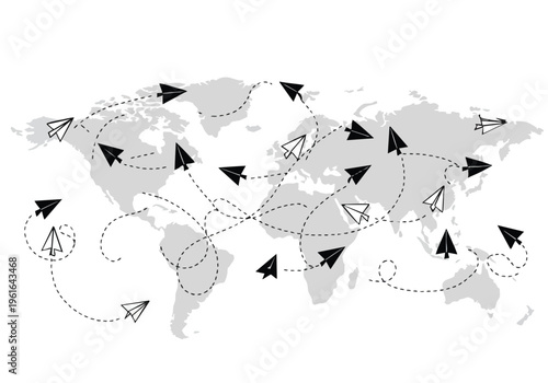 Interconnected paper airplane flight paths across a grayscale world map symbolizing worldwide communication and transport strategies