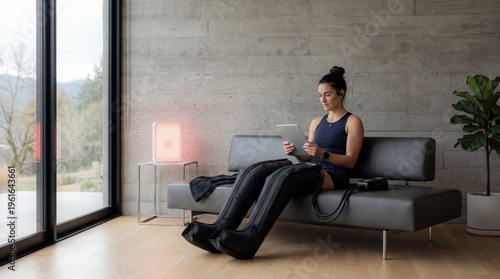 Professional athlete using compression recovery boots and red light therapy at home